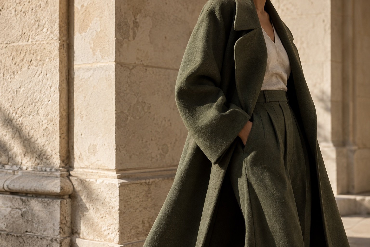 Olive tailoring in a sunlit architectural setting
